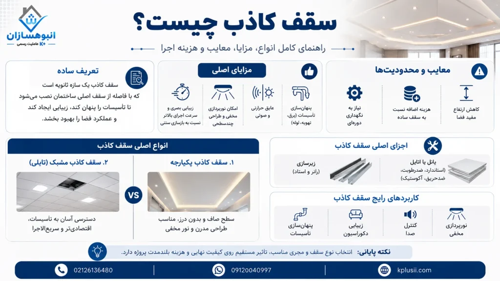 سقف کاذب چیست؟ راهنمای کامل انواع، مزایا، معایب و هزینه اجر